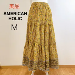 美品 AMERICAN HOLIC 丈違いティアードFlowerスカート ロングスカート ロング丈 花柄 フレアスカート フレアシルエット イエロー 裏地あり カジュアル M