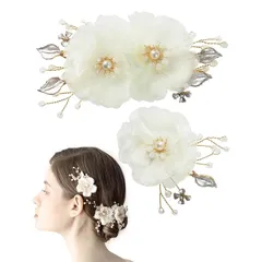 髪飾り ヘアアクセサリー ヘッドドレス 花 パール ヘアピン 発表会 結婚式 お呼ばれ パーティー ドレス 浴衣 着物 袴 卒業式 和装 小物 (ホワイト・ゴールド)