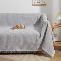 【人気商品】リバーシブル フリンジ付き 綿 おしゃれ ブランケット 保護カバー 多機能 防塵 肘なし キズ防止 肘付き 汚れ防止 ソファカバー 洗える マルチカバー 四季通用 北欧風 グレーホワイト・ワッフル柄 ソファーカバー 90X180cm(1人掛け) A