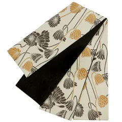 半幅帯 浴衣帯 ゆかた帯 桐生織 アイボリー 薄黄色 茶 焦げ茶 花 蓮 はす 矢羽根 ポリエステル リバーシブル 浴衣 和柄 お洒落 No.10-5435