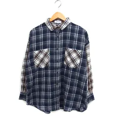 フォーエバー21 FOREVER21 タグ付き アソート チェック オーバーシルエット シャツ 長袖 F ネイビー 紺 /FT10