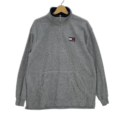 90's TOMMY HILFIGER/90年代 トミーヒルフィガー ハーフジップトレーナー フリース フラッグタグ 長袖 ワンポイント刺繡 オーバーサイズ ビッグシルエット タイワン製 メンズ XL グレー
