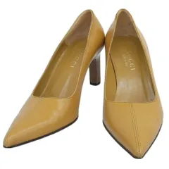 美品 グッチ GUCCI 現行ロゴ 2478 ポインテッドトゥ レザー パンプス ヒール 23-23.5cm 36 1/2 コヨーテ レディース オフィス 冠婚葬祭