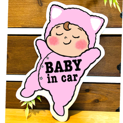ベビーインカー【モコモコねこ耳ピンク】カーサインステッカー