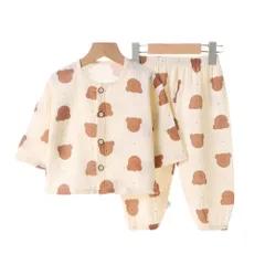 ☆ ベア ☆ 130cm ☆ キッズパジャマ キッズ パジャマ ルームウェア 子供 子ども 部屋着 長ズボン セットアップ ボタン 前開き 春 夏 コットン 綿 男の子 女の子 可愛い おしゃれ かわいい オシャレ ゆったり リラックス ロングパンツ