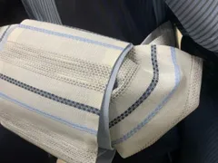 長尺　残りわずか本麻和紙織夏の半巾帯【白地　水色横段】夏の紬・小千谷ちぢみ・浴衣 長尺 残りわずか本麻和紙織夏の半巾帯【白地 水色横段】夏の紬