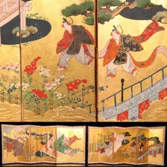 明治後期 六曲 一 双屏風 金沢金箔 猫犬絵