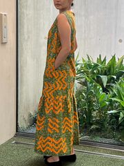 アフリカ布 オレンジ×群青 ツバメ柄 ロングワンピース - メルカリ