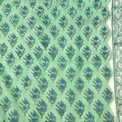 【50cm単位】グリーンブルースモールフラワー  片耳柄付き　インドテキスタイル　ブロックプリント　コットン　生地