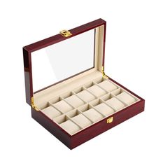 木製時計ジュエリー収納ボックス 大容量ボルドー塗装包装箱 長方形収納展示ボックス 12格子 (ボルドー色)のサムネイル