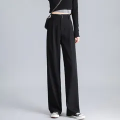 ストレートパンツ ハイウエスト 美脚 脚長 レディース ボタンストラップ ワイドパンツ 女性 ボトムス ワイド パンツ ハイウエストパンツ ズボン 長ズボン ロングパンツ スリム スタイルアップ ウエストゴム ゆったり 細見せ ブラック シワにならない  クロ