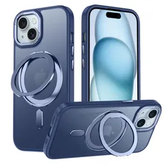 iPhone 15 用 ケース Magsafe対応 アイフォン15 カバー 360°回転スタンド Uovon スマホケース アイホン15 携帯ケース ワイヤレス充電 対応 車載ホルダー ストラップ穴付き 半透明 指紋防止 黄防止 ・ ブルー