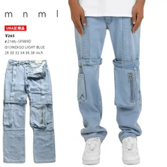 mnml カーゴパンツ デニム メンズ 春夏秋冬用 インディゴライトブルー 大きいサイズ ミニマル ジーンズ ゆったり 太め パンツ カーゴ ポケット ジーパン Gパン 無地 b系 ヒップホップ ファッション ストリート系 ハイ 21ML-SP989D