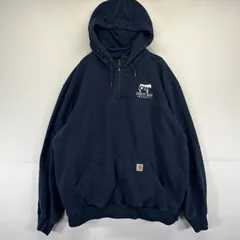 古着 カーハート Carhartt パーカー プルオーバー ハーフジップ ワンポイントロゴ刺繍 大きいサイズ 2XL  ネイビー メンズ