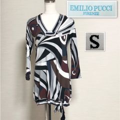 ■高級ブランド■EMILIO PUCCI エミリオプッチ　プッチ柄総柄ワンピース　チュニック　sizeS レーヨン　イタリア製　裾リボン　スクエアネック　ルイヴィトングループ　ホワイト×ブラック×ブラウン×ボルドー×ブルー×グレー