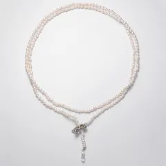 バロックシェイプ あこや真珠3-3.5mm ロングネックレス （ローズクォーツリボンショートナー）80cm