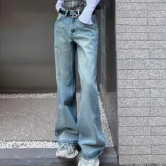 秋冬 コーデ メンズ  服 シンプル ファッション オシャレ 大人 かっこいい 大きいサイズ ストリート 紳士服 アメリカン レトロ ウォッシュ ライト ブルー ジーンズ ストレート ワイド レッグ カジュアル ロング パンツ 