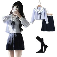 新品 [City Sea Sky] セーラー服 水色 長袖 制服 コスプレ 女子高校生 中学生 コスチューム 4点セット 制服スカート リボン ハロウィン 仮装 本格制服 可愛い 学生服 半袖 入学式 文化祭 学園祭 撮影用