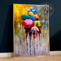 アートポスター カラフル 雨傘 抽象画 雨の情景 マルチカラー インテリア 壁掛け おしゃれ モダン 油彩風 アート プリント 雨の日