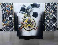 七五三 五歳 男児 羽織・着物・襦袢3点セット L寸 金刺繍 豪華絢爛 綸子地 白地×黒 鷹 お仕立て無料 祝着 NO38756-2
