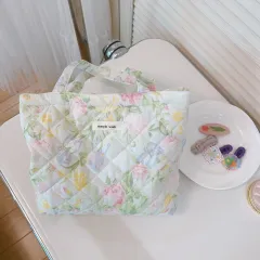 エコバッグ 法式 温柔 田園風 フラワー チェック柄 キルティング 手提げバッグ 便当バッグ ママバッグ 人気 ポケット 耐久性 使いやすい 多用途 軽量 おしゃれ 旅行向け 収納力抜群 M250222-173