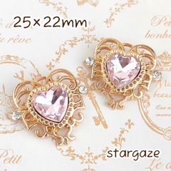 【 2個 】 25×22mm ハートセンターパーツ ストーン ビジュー ライトピンク×ゴールドフレーム