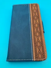 iPhone14 Pro ケース 手帳型 ブルー×ブラウン カード収納付きグリーン×ブラウン