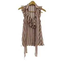 スナイデル フリルブラウス シャツ トップス ノースリーブ ストライプ柄 日本製 レディース Fサイズ ベージュ×青 snidel 【中古】