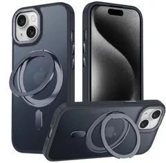 【在庫処分】iPhone 15 適用 ケース Magsafe対応 アイフォン15 カバー 360°回転スタンド Uovon スマホケース アイホン15 携帯ケース ワイヤレス充電 車載ホルダー 対応 ストラップ穴付き 半透明 指紋防止 黄防止 ・ ブラック