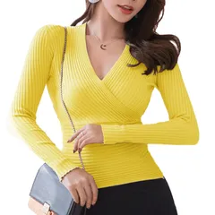 【新着商品】リブ ニット カットソー カシュクール シンプル グラマラス V [ルリジューズ] ネック トップス レディース