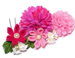 髪飾り 成人式 つまみ細工 ピンク 振袖 前撮り 袴 花 紫 白 ちりめん 大きい 小さい 3点セット 着物 和装 Uピン 大人 かわいい No.9-3754