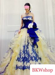 ＜現品限り＞used カラードレス　ブルーイエロー　グリッター　フリル　ウエストリボン　佐々木希　ブランドドレス　結婚式　お色直し　パーティー　演劇　芝居　コスプレ　ステージ　ダンス　舞台　レイヤー