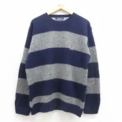 L/古着 トミーヒルフィガー 長袖 ブランド セーター メンズ 90s ワンポイントロゴ シェットランドウール クルーネック 紺 ネイビー ボーダ