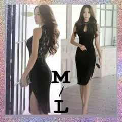 レディースワンピース　キャバドレス　ML　パーティードレス　かわいい　胸元セクシー　タイトスカート　きれいめ　背中見せ　可愛い　綺麗め　上品　オフショルダー　鎖骨見せ　モノトーン　黒ブラック　ひざ丈　スリット入り　二次会　レース　しわにならない素材　フリル