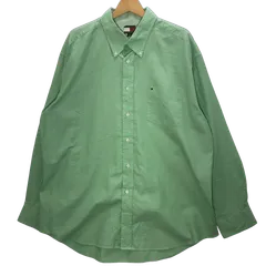 90's TOMMY HILFIGER 90年代 トミーヒルフィガー フラッグタグ 長袖シャツ ボタンダウン ワンポイントロゴ刺繍　オーバーサイズ ビッグシルエット インド製 XLサイズ グリーン