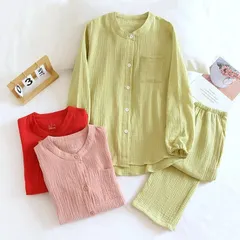 ダブルガーゼ ルームウェア ガーゼ パジャマ 綿100％ 上下セット 部屋着 ペアパジャマ 長袖 長パンツ レディース メンズ カップル 春 秋 冬 肌触り良い 柔らかい