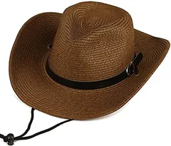 IZUMIYA メンズ 帽子 カウボーイハット ストローハット つば広 中折れハット 紐付き 折りたためる 麦わら帽子(コーヒー)