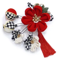 髪飾り 成人式 振袖 袴 ５点セット 赤 白 黒 市松 大人 浴衣 かんざし 簪 卒業式 フォーマル 結婚式 花飾り つまみ細工 ちりめん W65 W304-373 髪飾り 赤 白 黒 n757　WSi