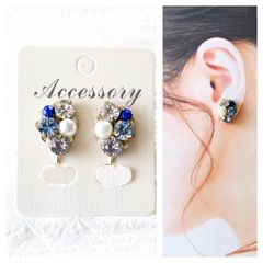 【17】スワロフスキーイヤリング　ビジューイヤリング　アクアブルー　ハンドメイドアクセサリー