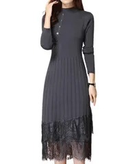 [Dep Club] 大人可愛い ニットワンピース ロング 長袖 レディース パーティードレス きれいめ タイト レース トップス 上品 可愛い 清楚 膝下丈 春 秋 冬 春秋 服 春服 (JP, アルファベット, Free [グレー] [Free Size]