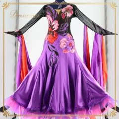 社交ダンス 衣装 スタンダードドレス スタンダード ドレス ワンピース フロート デモ 競技 紫 レース 黒 パーティ 発表会 パープル系 ブラック系 フォーマル ダンス 発表会用 高級感 光沢 スカート 豪華 レディース 競技用