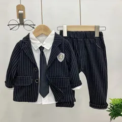 スーツ 子供スーツ フォーマル 男児スーツ スーツ 男の子 キッズ フォーマル 子供 3点セット 紳士服 男の子 ジャケット＋シャツ+ズボン タキシード ストライプ柄 ゴムウェスト子供服 七五三 入学式 卒業式 初節句 出産祝い 七五三 duokduo01