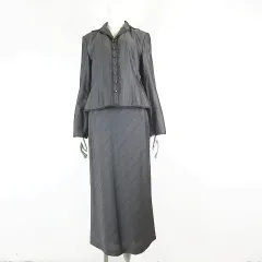 ロシャス ROCHAS レリアン Leilian イタリア Luigi Botto生地 スカートスーツ 上下セットアップ ストライプ ウール シルク レース フリル ジャケット ロング スカート M 9 グレー 黒 ブラック