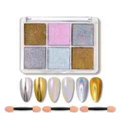 【即日発送】ミラーネイル オーロラパウダー パウダー パレット ネイルアート レジン 6色 ジェルネイル ネイルパウダー メタリックネイルパウダー 固形 チップ付き ミラーパウダー (D)