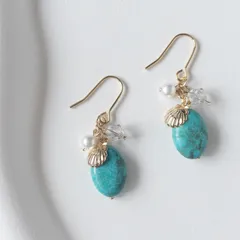 【#38】ハンドメイド　アクセサリー　ピアス　イヤリング　ターコイズ　貝殻　スワロフスキー　パール