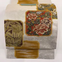 袋帯 美品 秀品 牡丹 若松 刺繍 金糸 灰白 六通 正絹 【中古】