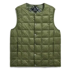 タイオン ダウン ベスト メンズ 体温 ベーシック クルーネックボタン インナーダウンベスト 定番無地 TAION-004 ライトダウンベスト ダークオリーブ