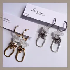 モード天然石《304ステンレス》ハンドメイドピアス フープ 天然石 ホワイト ニュアンスメタル ゴールド シルバー アレルギー対応《イヤリング変更可能》