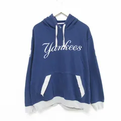 XL/古着 マジェスティック 長袖 スウェット パーカー メンズ MLB ニューヨークヤンキース 刺繍 紺 ネイビー メジャーリーグ ベースボール 