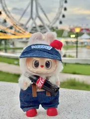 labubu ぬいぐるみ 服 着せ替え LABUBU ラブブ 17cm ラブブ コカ?コーラ ぬいぐるみ デニム 帽子　パンツ　レッドレインブーツ　3点セット